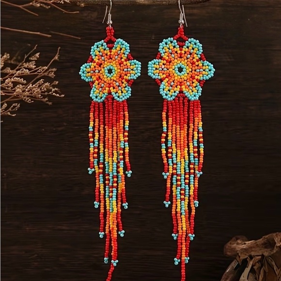 Hand Crafted Jewelry - Handmade Red & Turquoise Beaded Fringe Earrings